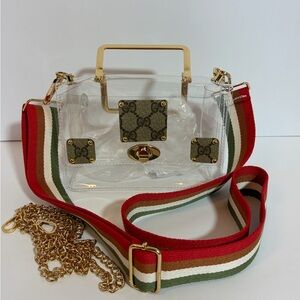 SOLD

Clear/Crossbody Stadium Bag w/upcycled Gucci Patches and Striped strap